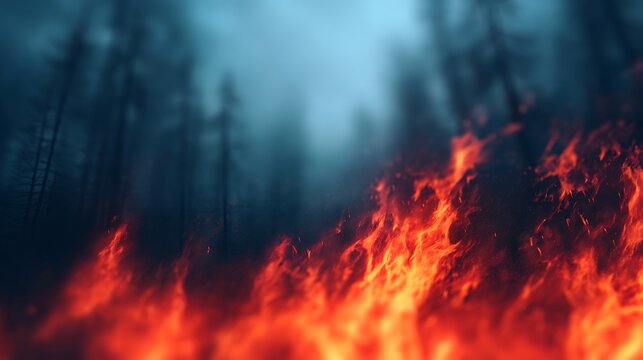 Intense wildfire flames engulf a forest, with dense smoke rising and burning trees silhouetted against a smoky blue-gray sky.