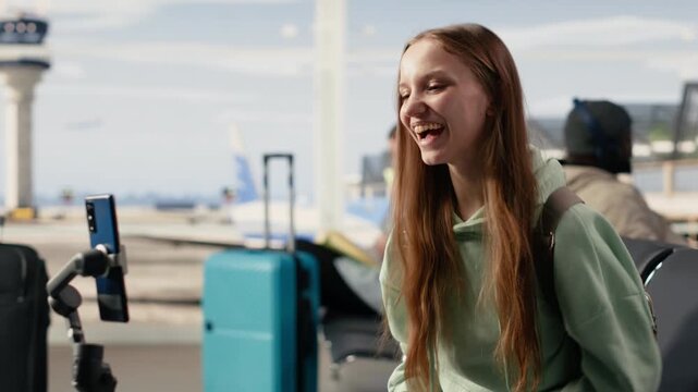 Young tourist, woman filming travel vlog, in the airport lounge, smiling and talking to audience through mobile phone. Content creator highlights streaming and the flexibility of working online.
