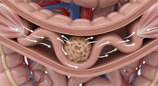 3D Medical Illustration of Diverticulitis Inflammation in the Colon.