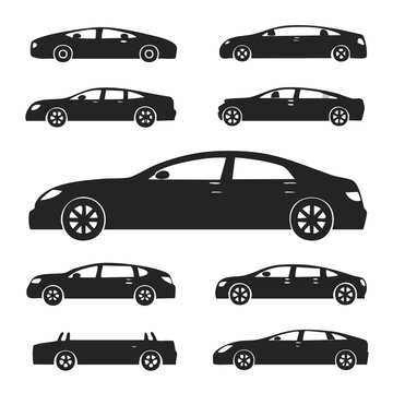 Collection of various black car silhouettes vector illustration side views of different vehicle types for transport design silhouette automobile transport collection hatchback convertible