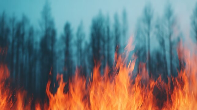 Intense orange flames blaze in the foreground with a blurred forest backdrop, suggesting a wildfire or controlled burn in a natural setting.