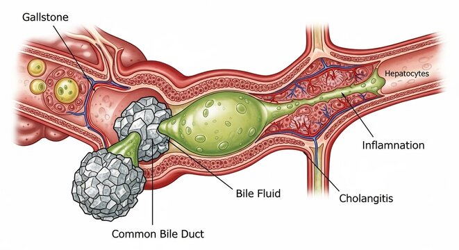 Illustration of Gallstones and Inflammation in the Common Bile Duct.