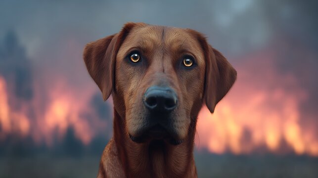 A brown dog looks attentively towards the camera with a wildfire blazing in the blurred background.