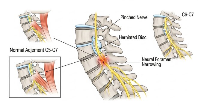 Cervical Spine Anatomy Showing Herniated Disc and Pinched Nerve at C5-C7.