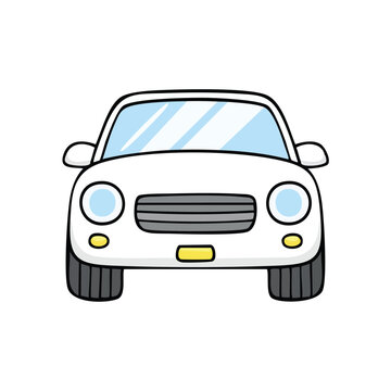 Front view illustration of a white modern compact car with round headlights and blue windshield transport illustration automotive headlight windshield isolated radiator passenger mobility