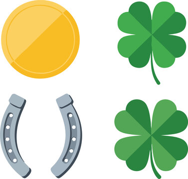 Flat minimalist illustration of St Patricks Day symbols coin clovers horseshoe arranged in 2x2 grid on white background