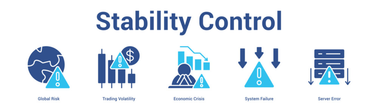 Stability Control web banner icon set vector illustration concept for business with icon of Global Risk, Trading Volatility, Economic Crisis, System Failu.