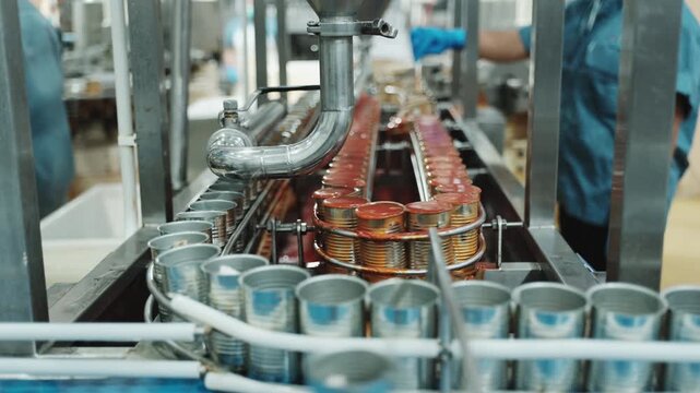 Close-up, automated conveyor rail machine with sardine fish in tomato sauce, filling in can, prepared for instant food production industry, sterile hygiene warehouse, manufacturing factory process.