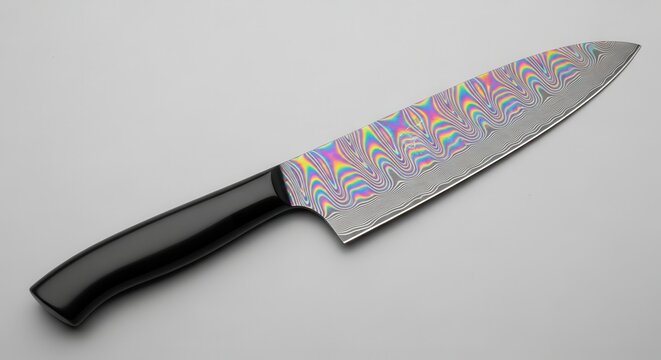 Rainbow Damascus Chef Knife with Black Handle - Professional Kitchen Utensil