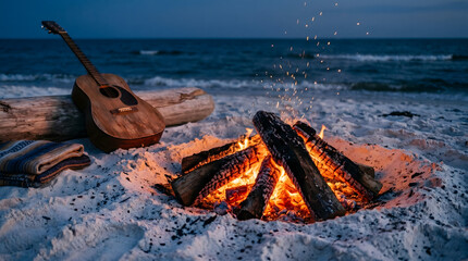 Fototapeta premium A cozy beach bonfire with bright sparks burning on white sand at night next to an acoustic guitar and driftwood log.