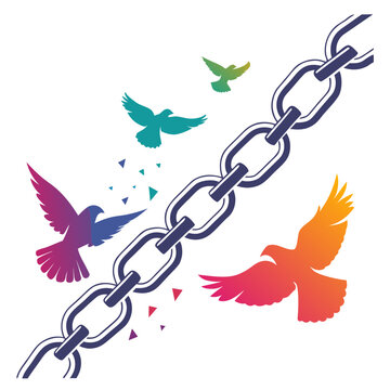 Chain links breaking with colorful birds flying.