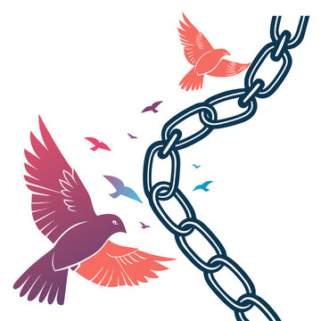 Birds flying breaking free from chain symbol of freedom.