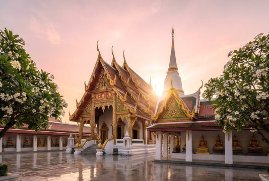 A breathtaking exterior wide-angle shot of a traditional Thai Buddhist temple complex at golden hour sunrise, featuring a grand multi-tiered Chofah roof with gilded Naga serpent finials.