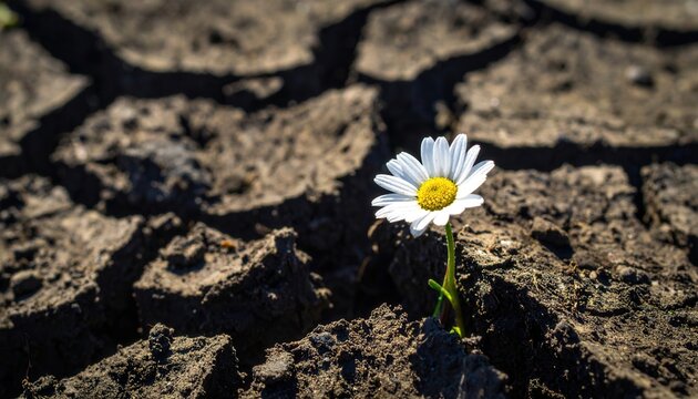 Margarita blanca solitaria emergiendo de tierra seca y agrietada