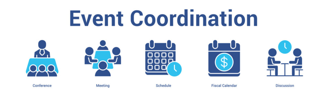 Event Coordination web banner icon set vector illustration concept for business with icon of Conference, Meeting, Schedule, Fis.