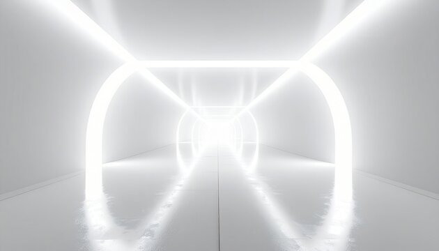 Pasillo futurista iluminado con arcos de ne&oacute;n blanco y suelo reflectante