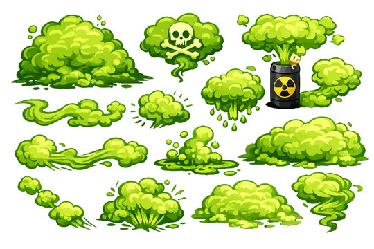 Green toxic clouds set. Symbol of bad smell cartoon. Stinky smoke. Spoiled and rotten food, poison