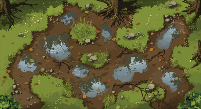 Pixel art forest path with water puddles, top-down game environment map, muddy woodland trail with green grass and tree roots vector illustration