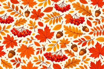 Seamless pattern with oak autumn leaves and acorns. Perfect for wallpapers, wrapping papers, pattern fills, textile, autumn greeting cards, Thanksgiving Day cards © Bibi