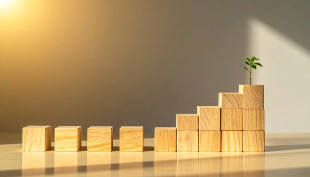 Wooden Bar Chart With Seedling on Top Symbolizing Rising Business Growth