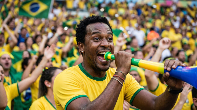 Person blowing vuvuzela wearing Brazil colors fan scene .energy enthusiasm celebration and loud support in vibrant sports atmosphere moment.