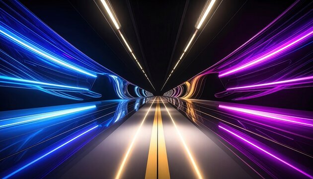 青とマゼンタの光の筋が交差するダイナミックな抽象的ネオンのトンネル、中央の反射する道路と消失点の視点