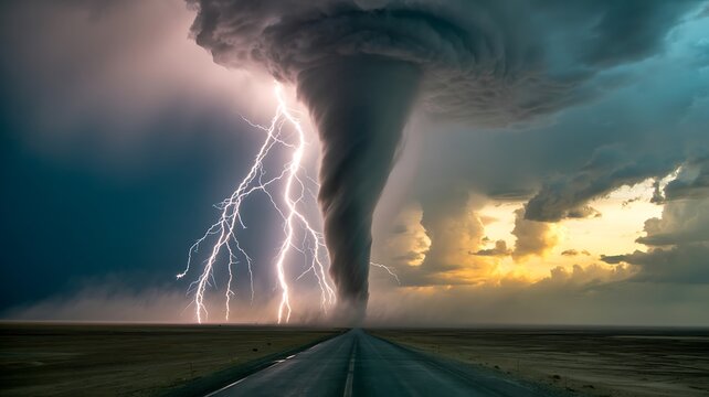 Powerful tornado storm with lightning over open road