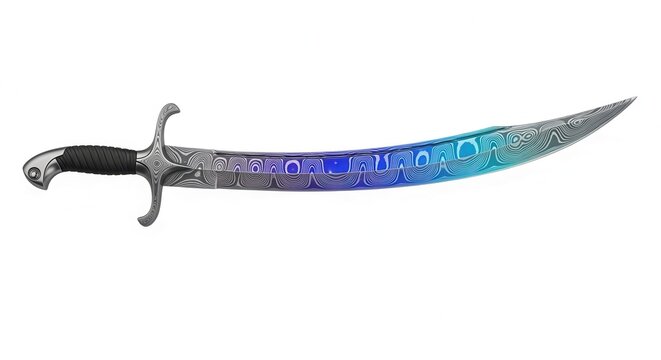 Ornate Scimitar Sword with Blue Gradient Blade and Intricate Engravings