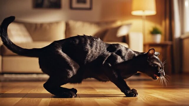 A hissing black cat arches its back in a cozy living room with a couch and lamp.