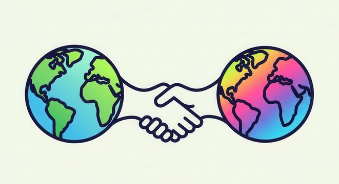 Global Partnership: Earth Globes Shaking Hands, Unity, Diversity, International Cooperation