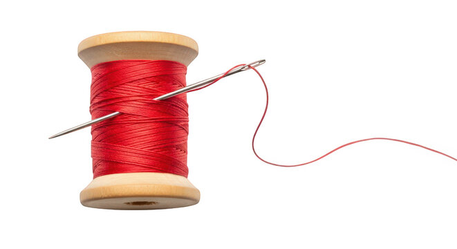 Red thread wound around a spool with loose end extending outward isolated on transparent background