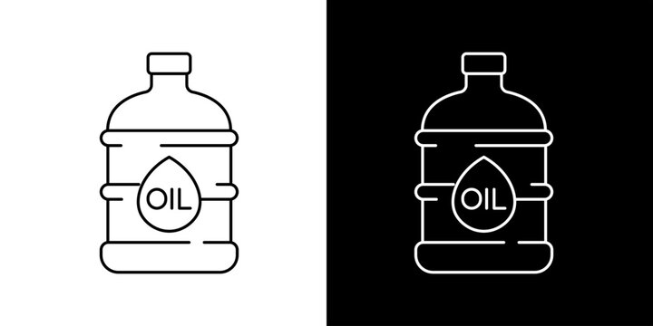 Iconographic representation of a large container of oil, with a drop symbol indicating its contents, presented on both white and black backgrounds for versatility