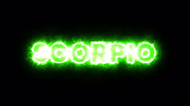 glowing neon scorpio zodiac sign animation with green electric light typography on dark background, 4k video