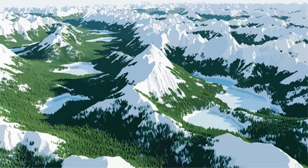 Snowy mountain range aerial view, majestic winter peaks with evergreen pine forests, scenic alpine landscape vector illustration for travel and nature backgrounds © sweet.love.com
