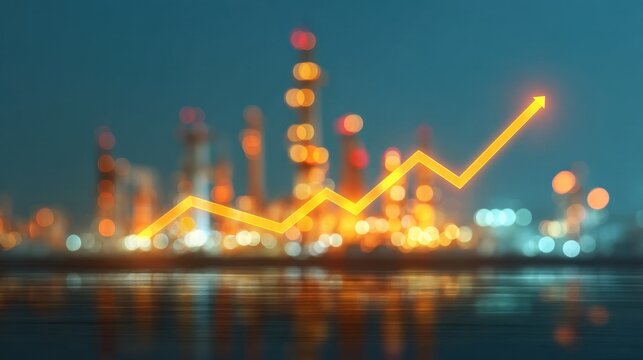 Nighttime Industrial Facility with Abstract Graph Illustrating Growth in an Urban Environment