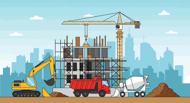 Construction site with crane and heavy machinery including trucks excavator forklift loader bulldozer and industrial vehicles