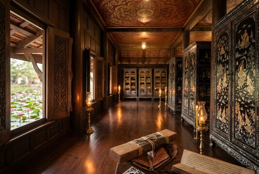 A richly detailed interior shot of a traditional Thai scripture library (Ho Trai) interior, showcasing floor-to-ceiling mother-of-pearl inlaid black lacquer cabinets with scenes from the Ramakien epic