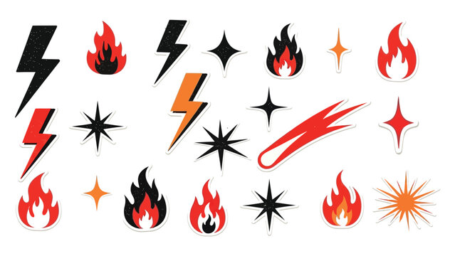 Fire flame icon doodle collage set. Hand drawn flame fire brush scribble grunge chalk texture shape graphic. Punk lightning bolt explosion energy blast sticker rock power burst. Vector illustration 