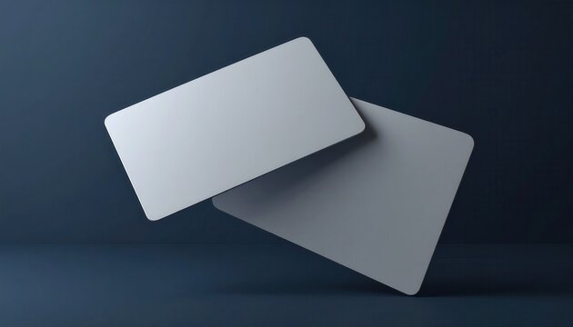 Maqueta de dos tarjetas de visita blancas minimalistas suspendidas sobre fondo azul oscuro