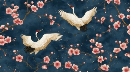 Fototapeta premium Elegant Cranes in Blooming Cherry Blossom Garden Richly Detailed Wallpaper Design