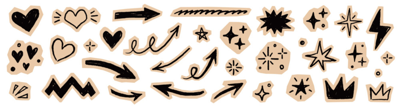 Scrapbook collage sticker element set. Hand drawn paper cut collage with crayon doodle line brush scribble texture. Cute grunge notebook diary scrap heart star circle arrow lightning crown. Vector