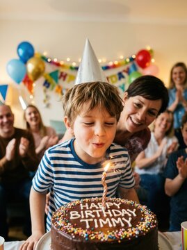 A young boy blows out candles on a chocolate birthday cake with the words "HAPPY BIRTHDAY TIMMY" written on it.
