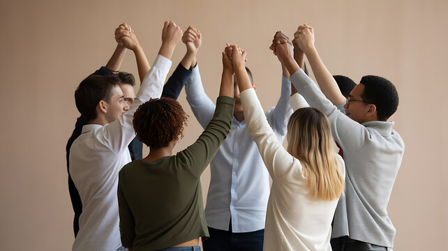 diverse people joining hands in unity symbolizing growth and future success