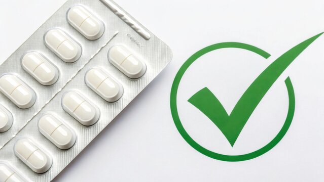 A blister pack of white tablets placed next to a green checkmark on a white background.