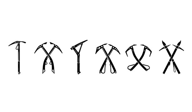 Crossed climbing ice axe icon grid vector set for mountaineering adventure design