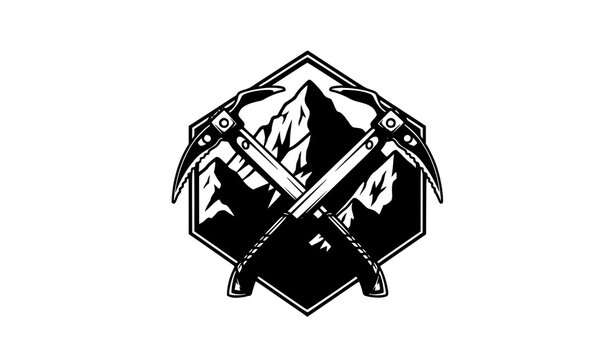 Crossed climbing ice axe icons vertical vector set for adventure variations