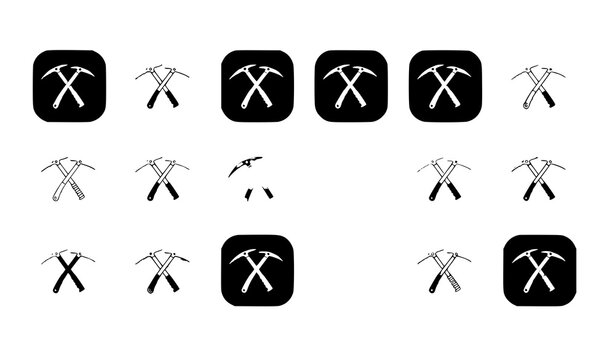 Crossed climbing ice axe UI icons vector set with adventure app interface design