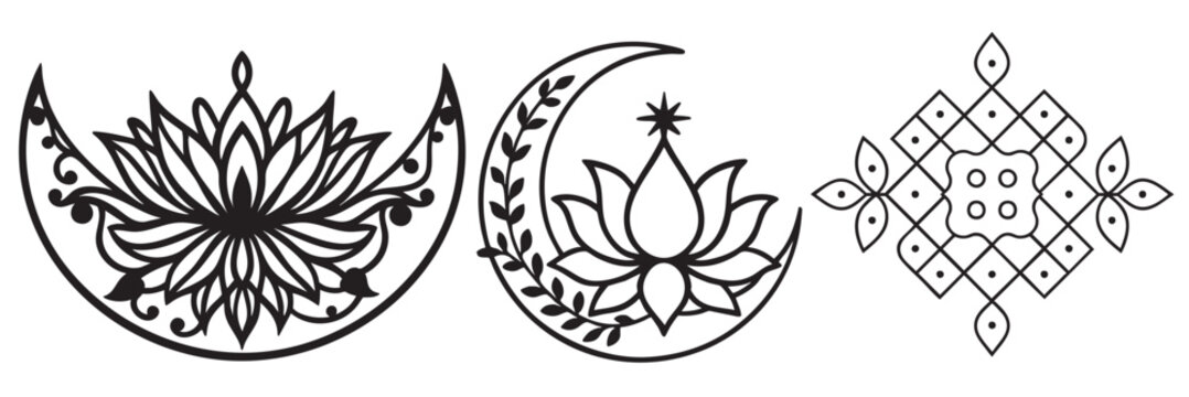 Elegant Mandala Crescent Moon and Lotus Floral Line Art Set, Decorative Boho Sacred Geometry Ornament Vector Illustration