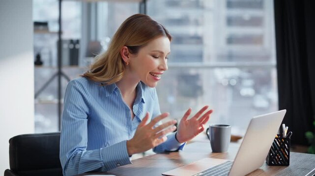 Company representative video calling negotiating partners sitting office closeup