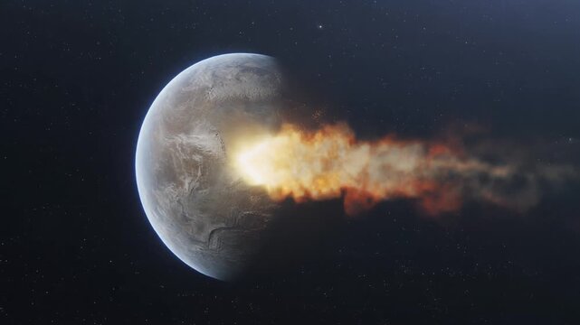 Cinematic slow motion meteor impact on a distant planet with glowing fiery trail and nebulae in deep space, symbolizing cosmic events, destruction